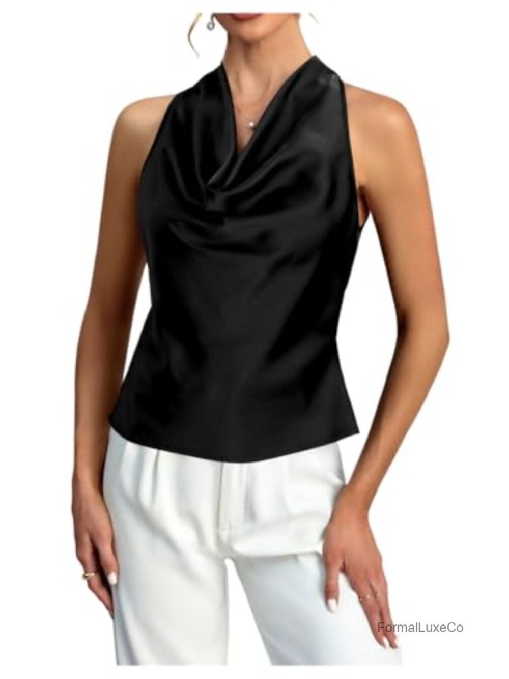 Women's Cowl Neck Halter Sleeveless Tie Back Satin Blouse Elegant Party Top